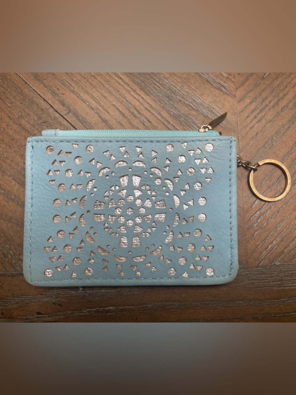 Avenue 9 Card Holder Wallet Wristlet Blue Cutout Faux Leather Key Ring Zip Pouch